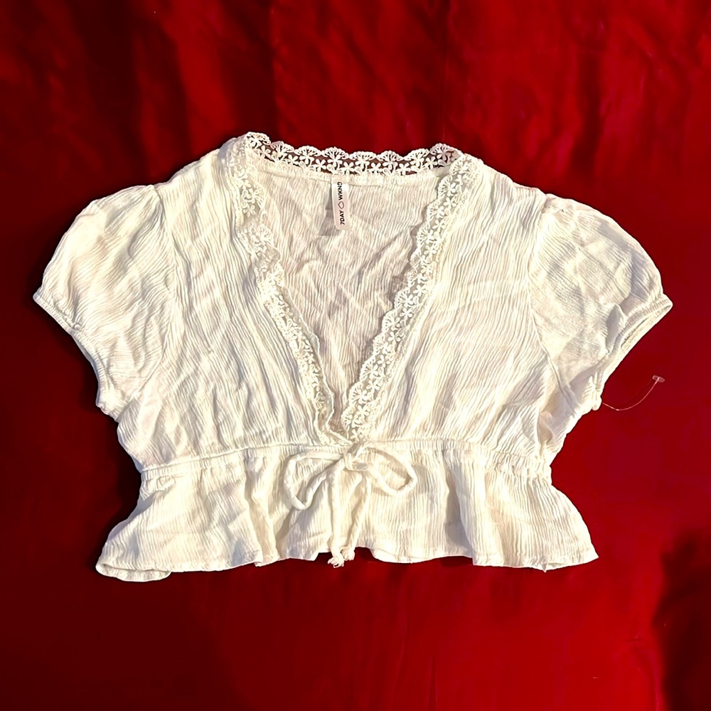 White Ruffled Tie Front Crop Blouse